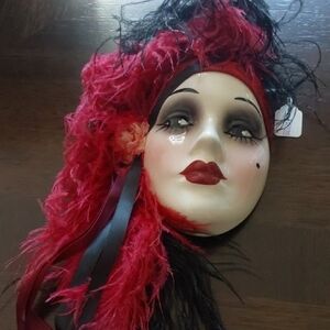 Elegant Red and Black Feathered Wall Mask